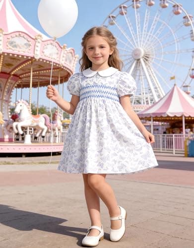 Miipat Toddler Girls Smocked Floral Dress Puff Sleeve Cotton Butterfly Print Kids Peter Pan Collar Summer Dress(BlueButterflyPrint,3-4T) — view 2