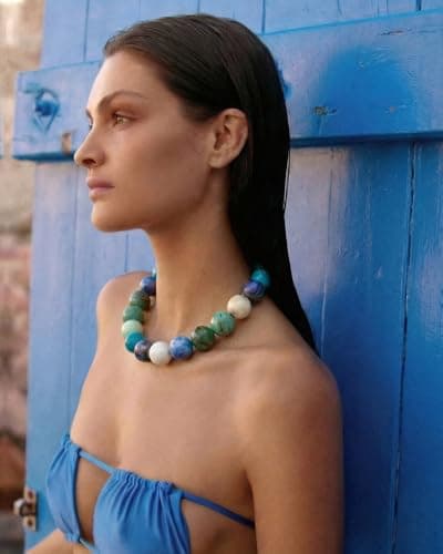 FAUTHENTICUTE Blue Beaded Choker Necklace for Women Boho Chunky Statement Necklace with Blue and Green Round Resin Beads Summer Beach Jewelry Gifts — view 6