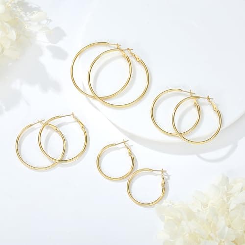 PICKBEAU Gold Large Hoop Earrings for Women | 14K Real Gold Plated Hypoallergenic Big Round Circle Hoops Women's Loop Earrings Set for Women(30/40/50/60mm) — view 6
