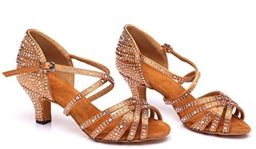 Minishion Women's Rhinestone Dance Shoes Ankle Strap Latin Salsa Dancing Heels, L377 Bronze 6cm Heel, 5 — view 4