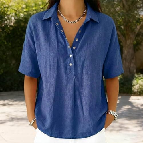 Linen Tops for Women 2026 Summer Cotton Gauze Shirts Button Down V Neck Half Sleeve Blouses Loose Fit Tunic Clothes Blue — view 2