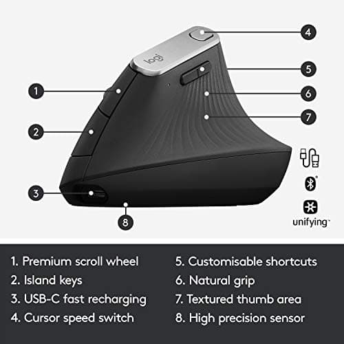 Logitech MX Vertical Wireless Mouse – Ergonomic Design Reduces Muscle Strain, Move Content Between 3 Windows and Apple Computers, Rechargeable, Graphite — view 5
