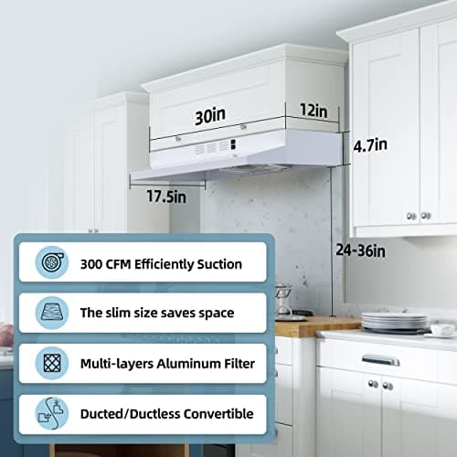 FIREGAS Range Hood 30 inch Under Cabinet, Kitchen Hood with 2 Speed Exhaust Fan,Ducted/Ductless Convertible, Rocker Button Control,300 CFM, White Stove Hood Vent Aluminum Filter Included