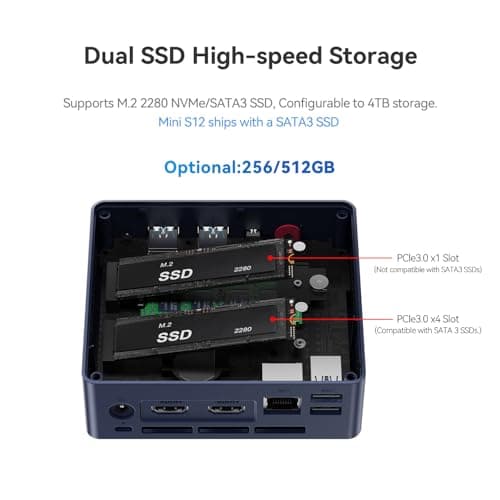 Beelink Mini S12 Mini PC, 12th Intel Alder Lake- N95 (4C/4T, up to 3.4GHz), 8GB DDR4 256GB M.2 SSD, Mini Desktop Computer Support 4K@60Hz Dual Display/WiFi 6/BT5.2/USB 3.2/2.5GB LAN for Home/Office — view 4