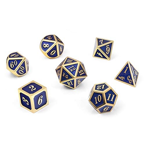 DNDND Heavy Polyhedral Metal Dice Set with Metal Box, 7-die Shiny Blue Surface with Golden Number for RPG,Dungeons and Dragons,Pathfinder,Shadowrun,D&D,Role Palying Game and Math Teaching — view 6