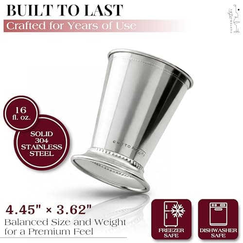 Gusto Nostro Mint Julep Cups Set of 2 - Stainless Steel Julep Cup Kit with Straws, Muddler, Spoon,Recipes, Vases - Southern-style Cocktail Glasses for Home Bar - Stainless Steel Cocktail Cups (Silver) — view 5