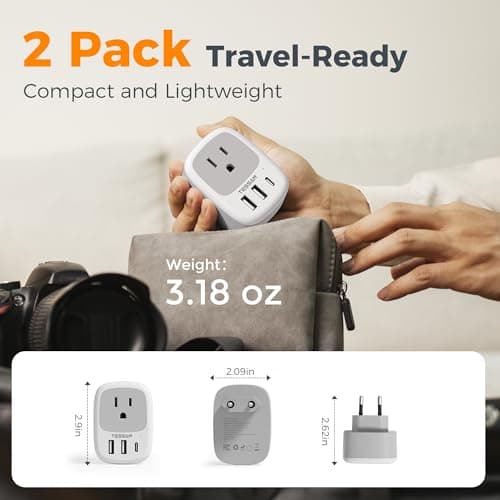 Canada to European Travel Adapter 2 Pack, TESSAN Plug Adaptor with 1 Outlet and 3 USB Ports(1 USB C), Type C Power Plug for Most of Europe Finland, France, Germany, Greece, Italy, Korea — view 3
