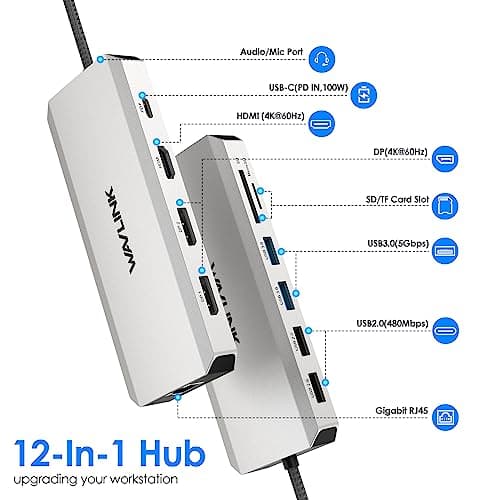 Laptop Docking Station,12 in 1 Triple Display USB C Hub for Windows with Dual DP, HDMI, 100W PD in, Gigabit Ethernet, USB3.0/2.0 Ports, SD/TF Card Reader, Mic/Audio for Lenovo HP Dell