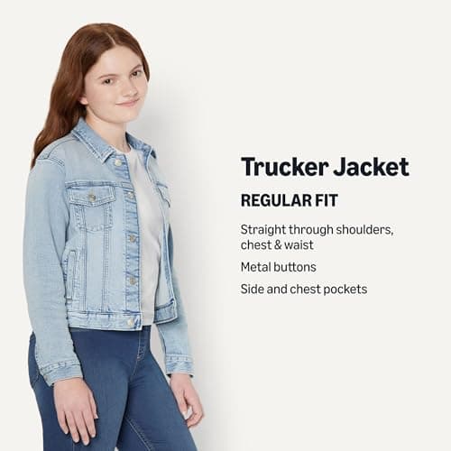 Amazon Essentials Unisex Kids' Medium Stretch Regular-Fit Denim Trucker Jacket, Tinted Ice Light Wash, Medium