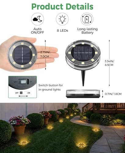 LOTMOS Solar Ground Lights Outdoor, 8 Pack 8 LED Garden Lights Solar Powered, Waterproof Pathway Disk Lights, Mini Puck Landscape Lighting for Pool Walkway Lawn Driveway Patio Yard, Warm White — view 3