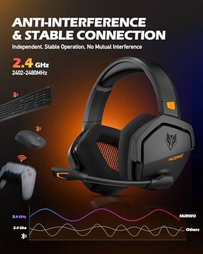 NUBWO Wireless Gaming Headset with Mic for Ps5 Ps4 PC, Zero Interference, 100-Hour Battery All-Day Play, 23ms Sync​ for Fortnite & Call of Duty/FPS Gamers, Triple Mode All Devices Compatible - Orange