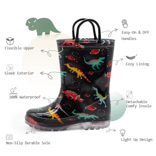 EUXTERPA Kids Toddler Light Up Rain Boots Boys Waterproof Patterns and Glitter Boots with Easy On Handles, Black Dinosaur, Toddler Size 9 — view 2