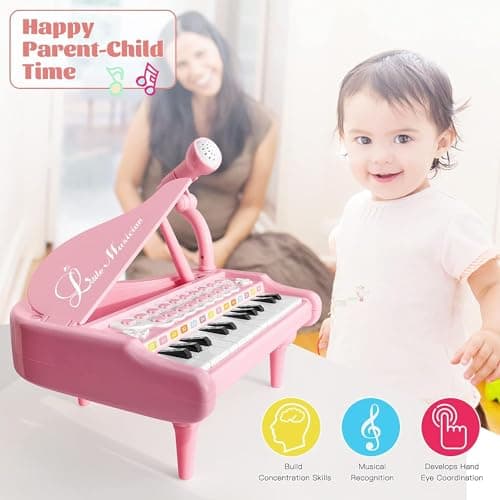 Love&Mini Piano Keyboard Toy for Girls - 24 Keys Toddler Music Toy Instrument with Microphone, Pink Piano Toy for 3+ Years Old Girls Birthday Gift
