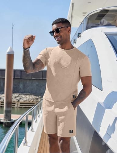 UOUA Mens Short Sets 2 Piece Summer Outfits Casual Short Sleeve Crew-Neck Shirts & Shorts Track Suit Jogging Loungewear, Khaki M — view 2