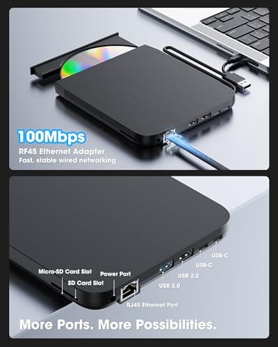 ROOFULL External CD DVD Drive with Ethernet Adapter, USB Hub, SD Slot, Case — view 4