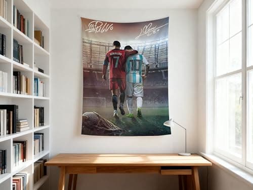 Lionel Messi & Cristiano Ronaldo World Cup Soccer Superstar Wall Tapestry: HD Fade-Resistant Polyester with 4 Corner Grommets - Hanging Poster for Boys’ Bedroom & Fan Decor, 35.4 x 47.2 Inches (Red-Blue) — view 6