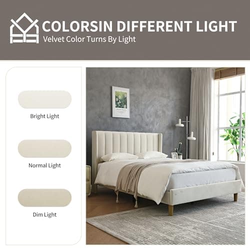 YUHUASHI upholstered Platform Bed Frame/Twin Bed Frame/Modern Geometric Double-Wing Design headboard/Velvet Fabric/Easy to Assemble no Noise(Cream, Twin) — view 5