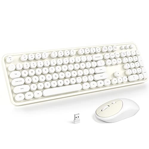 Atelus Wireless Keyboard and Mouse, Typewriter Full Size Keyboard with Number Pad and 2 in 1 USB Connected Mouse for Windows 7/8/10, Laptop, Desktop, PC, Computer (Off-White)