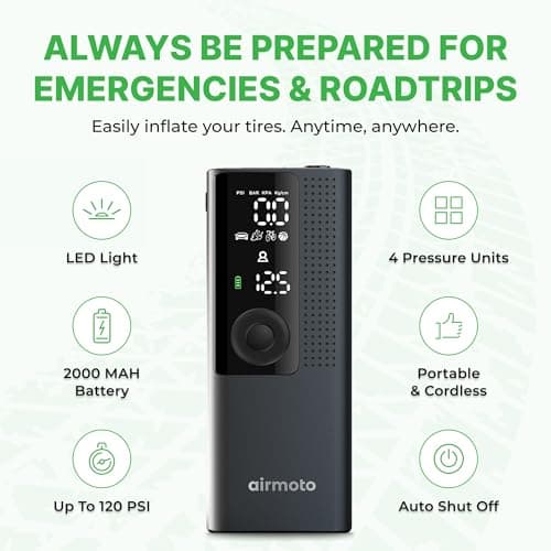 Airmoto Tire Inflator Portable Air Compressor - Air Pump For Car Tires with Digital Pressure Gauge, LED Light and Auto Shut-Off Function - Cordless Pump for Car, Motorcycle, Bicycle, Ball