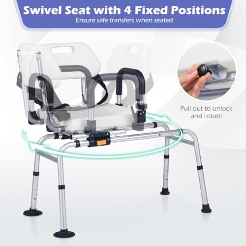 Giantex Sliding Shower Chair with Swivel Seat, Adjustable Height Tub Transfer Bench with Flip-Up Padded Armrests, Safety Belt, Wide Water-Draining Seat & Non-Slip Suction Feet for Seniors — view 4