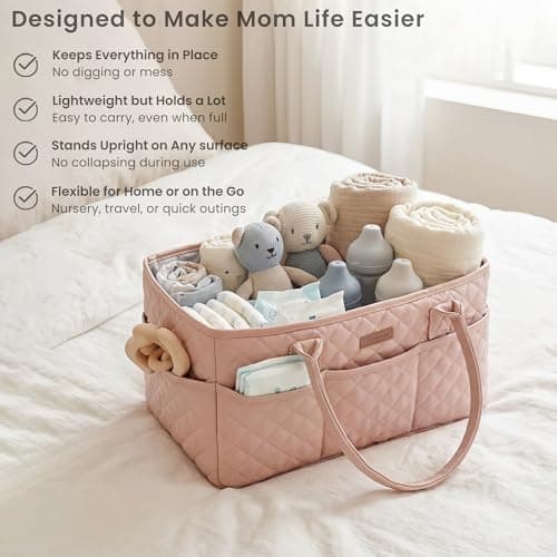 Konssy Quilted Diaper Caddy Organizer, Diaper Caddy Basket with PU Leather Handles, Water-Repellent Nursery Storage Basket, Portable Car Organizer, Registry Search Must Haves (Blush Pink) — view 3