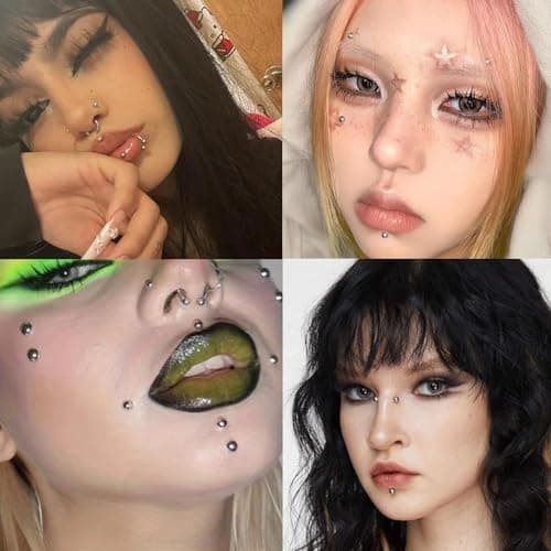 NOOEPC Face Gems Lip Stud, Fake Piercings y2k Accessories Nose Stud Eyebrow Stud, Non Piercing Nose Stick on Silver Belly Button Sticker, Face Sticker Ring Cool Punk Y2K Makeup for Women Men — view 3
