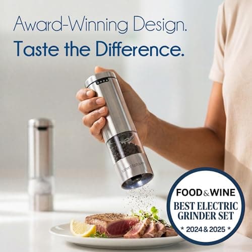 Latent Epicure Electric Salt and Pepper Grinder Set, USB-C Rechargeable Stainless Steel Mills with LED Light, Adjustable Ceramic Grinders with Acrylic Mill Rest Tray — view 6
