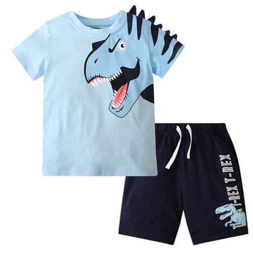 Toddler Boy Summer Outfits Clothes, Kids Boys Short Sleeve Cotton T-Shirt and Shorts Clothing Sets 2-7T (4-5T, Blue Dinosaur)