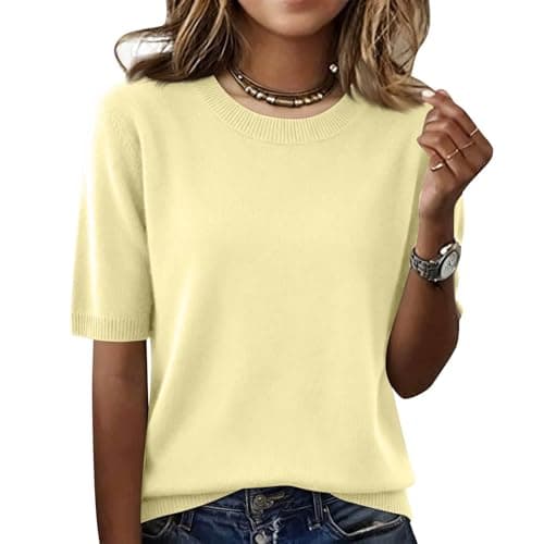 Elbow Sleeve Tops Women Loose Fit Cashmere Sweaters Crew Neck T Shirts Dressy Lightweight Half Sleeve Spring Blouses Yellows X-Large