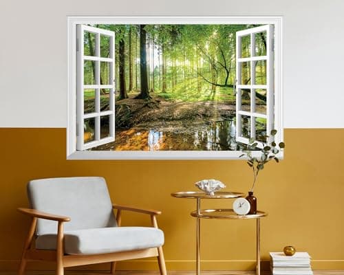 FLFK Fake Window Wall Mural - Forest Jungle Faux Window Wall Sticker for Wall Decor, Stick and Peel Wall Decals,48"x32",Set of 2 Sheets — view 4