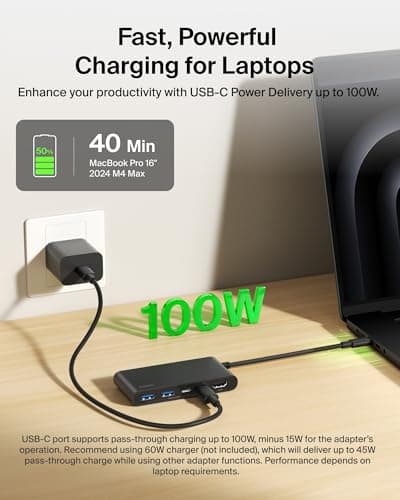 Belkin USB C Hub, 5-Port Hub with 4K HDMI Display @ 60Hz, 100W Power Delivery, Fast Data Transfer 5Gbps, USB C Multiport Adapter for iPad Pro, Chromebook, Neo MacBook Accessories with HDMI 2.0 Port — view 4