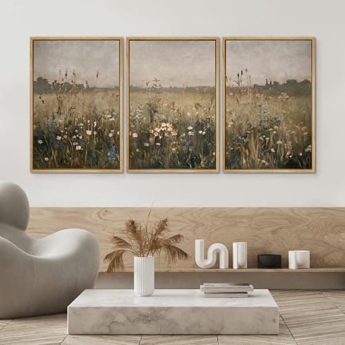SIGNWIN Framed Canvas Print Wall Art Set Wildflower Meadow Rustic Floral Field Landscape Illustrations Modern Art Decorative Rustic Calm/Zen for Living Room, Bedroom, Office - 24"x36"x3 Natural — view 3