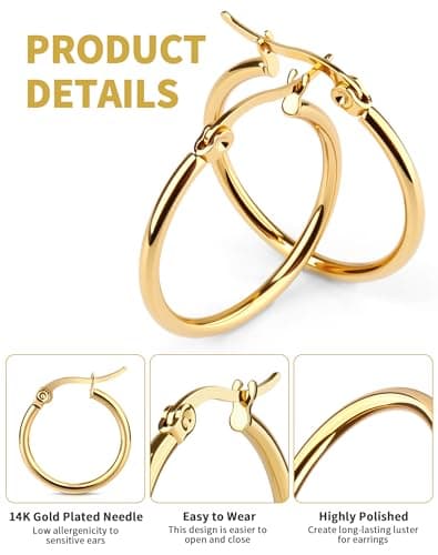 4 Pairs Gold Silver Hoop Earrings for Women Stainless Steel 14K Gold Plated Huggie Earrings Hypoallergenic Lightweight Earring (10-20mm) (Gold - 4 Pairs) — view 4