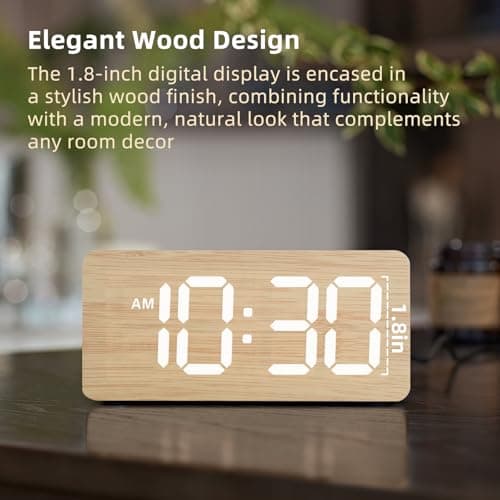 Wooden Digital Alarm Clocks for Bedrooms: Dimmable Dual Alarm Clock with Large Numbers for Bedside Desk - Bamboo
