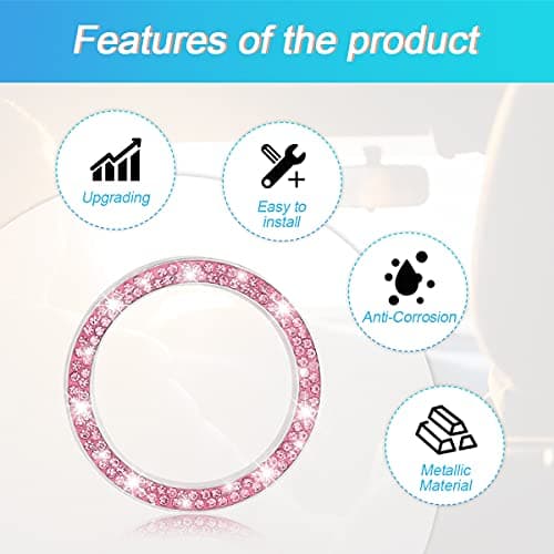 Car Bling Crystal Rhinestone Engine Start Ring Decals, 2 Pack Car Push Start Button Cover/Sticker, Key Ignition Knob Bling Ring, Sparkling Car Interior Accessories for Women (Pink) — view 3