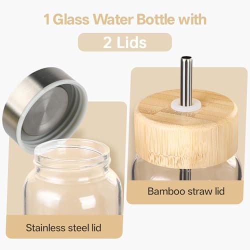 LOOFORE Glass Water Bottle 32 oz with 2 Lids and Straw, 1 Pack