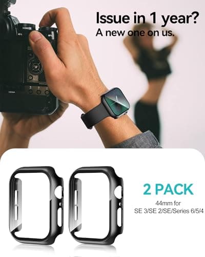 Smiling 2 Pack Case Compatible with Apple Watch SE 3 (2025)/ SE 2/ SE/Series 6/5/4 44mm with Tempered Glass Screen Protector, Hard PC Case Overall Protective Cover - Black — view 5