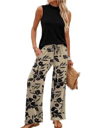 WIHOLL Two Piece Set for Women Summer Spring Outfits Cruise Travel Airport Beach Vacation Clothes Trendy Lounge Sets Mock Neck Matching Women Clothing Wide Leg Pants Set M