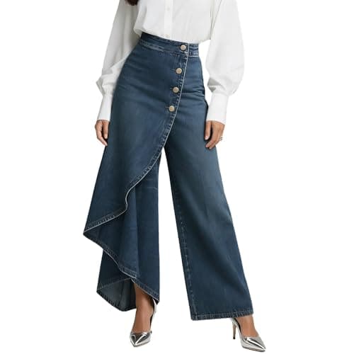 Wide Leg Jeans Woman High Waisted Asymmetrical Baggy Trendy Business Casual Denim Pant Button Ruffle Spring Outfits S-3XL Blue