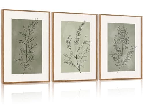 CHDITB Botanical Sage Leaf Framed Canvas Wall Art Set of 3, Minimalist Wall Decor, Boho Nature Floral Greenery Wall Painting, Neutral Botanical Plant Art Prints for Dining Room Bedroom Decor 12”X16”