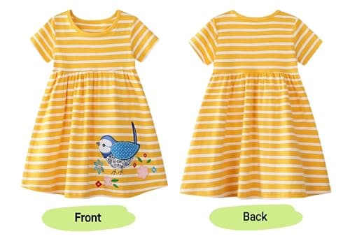 Winzik Toddler Summer Dress, Little Girls Short Sleeve Cotton Casual Dresses Bird Clothes 2-8 Years (2-3T, Bird Stripe) — view 5
