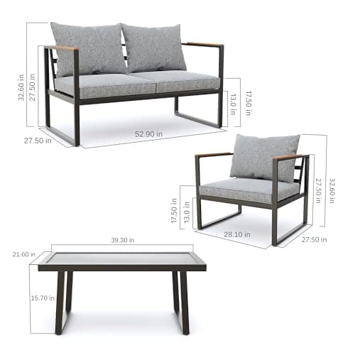 EAST OAK Courtyard Patio Furniture Set, 4-Piece Outdoor Patio Set with Sofa, Removable & Washable Deep Seating Cushion, Tempered Glass Table, Outside Patio Conversation Sets, Black & Grey — view 5