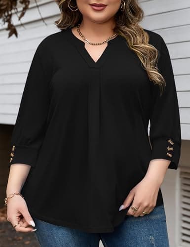 TFSDOD Womens Plus Size Tops 3/4 Length Sleeve Womens Tops V Neck Blouses Pleated Tunic Plus Size Fashion (Black XXL)