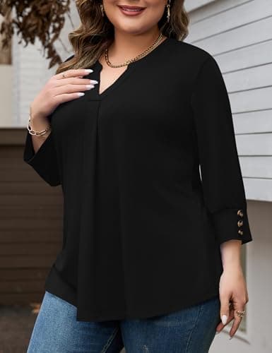 TFSDOD Womens Plus Size Tops 3/4 Length Sleeve Womens Tops V Neck Blouses Pleated Tunic Plus Size Fashion (Black XXL) — view 2