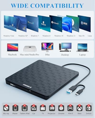 ORIGBELIE External CD DVD Drive for Laptop, USB 3.0 Type-C Ultra Slim 13mm DVD Player Portable CD DVD +/-RW Drive CD Burner Reader Writer Recorder for Desktop PC Windows 11/10/8/7 Linux Mac OS (Black) — view 5