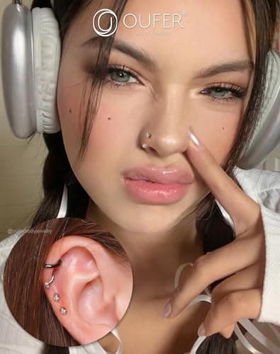 OUFER Horseshoe Nose Rings Studs, 20G Internally Threaded Nose Rings For Women, 316L Surgical Steel Double Cubic Zirconia Nose Studs, Lip Eyebrow Helix Ear Piercing Jewelry — view 3