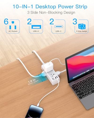 1Ft Extension Cord with Multiple Outlets, Flat Plug Power Strip Surge Protector with 1 Ft Cord, 6 Outlet 4 USB Ports (2 USB C), Multi Outlet Wall Plug for Travel, College, Dorm Room Essentials(White) — view 2