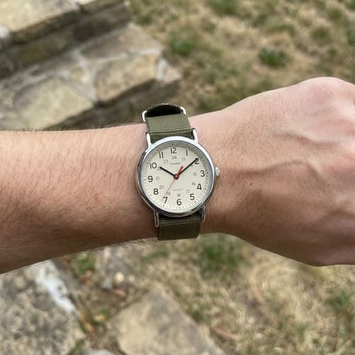 Timex Unisex Weekender 38mm Watch – Silver-Tone Case Cream Dial with Olive Fabric Slip-Thru Strap — view 4