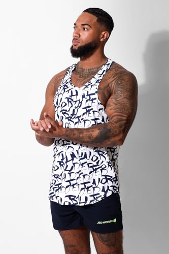 Jed North Men's Graphic Bodybuilding Tank Tops Gym Stringers Racerback,WhiteGraffiti,Large