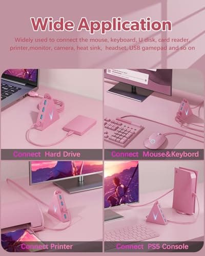JoyReken 4-Port USB 3.0 Hub, FlyingVHUB Vertical Data USB Hub with 2 ft Extended Cable, for Mac, PC, Xbox One, PS4, PS5, iMac, Surface Pro, XPS, Laptop, Desktop, Flash Drive, Mobile HDD(Pink) — view 2